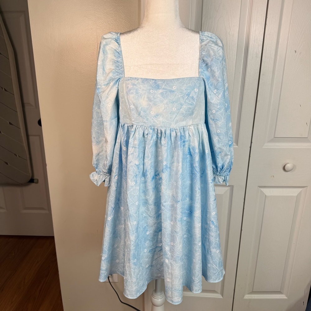 Storia Puff Sleeve Square Neck Tea Dress Light Blue & White Floral Print Size M